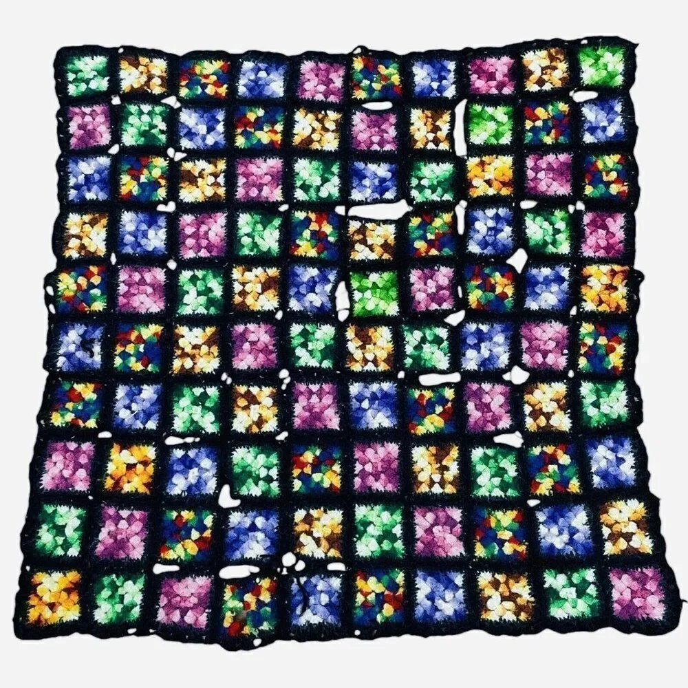 Vintage Handmade Crochet Colorful Granny Square Afghan Throw 35 x 34 Couch Sofa
